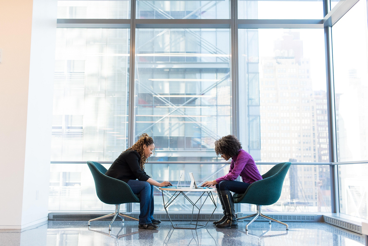 Two colleagues huddled working heads down