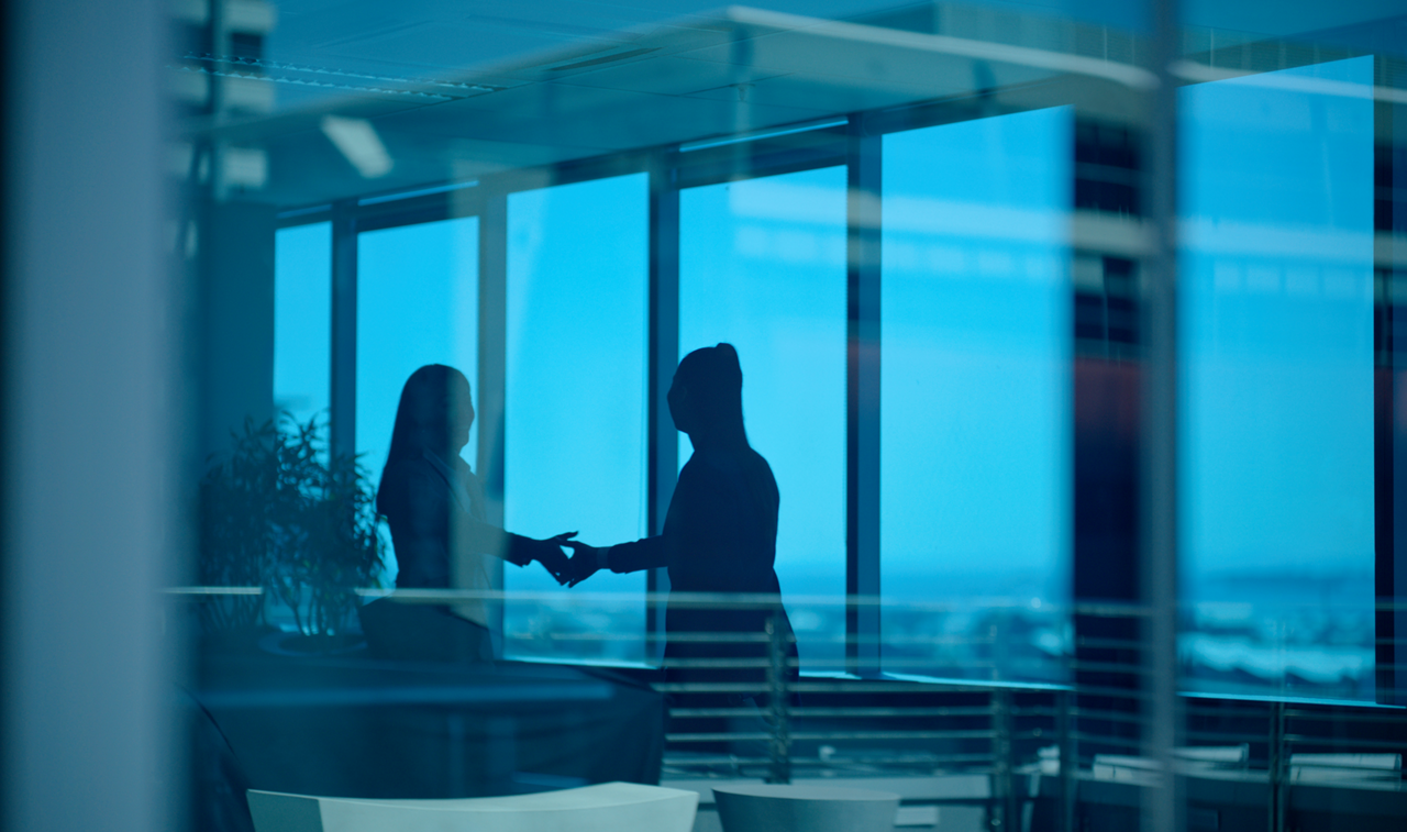 Business women, handshake and meeting in office for partnership, introduction or recruitment in blue window. Professional silhouette of people or clients shaking hands for interview and opportunity