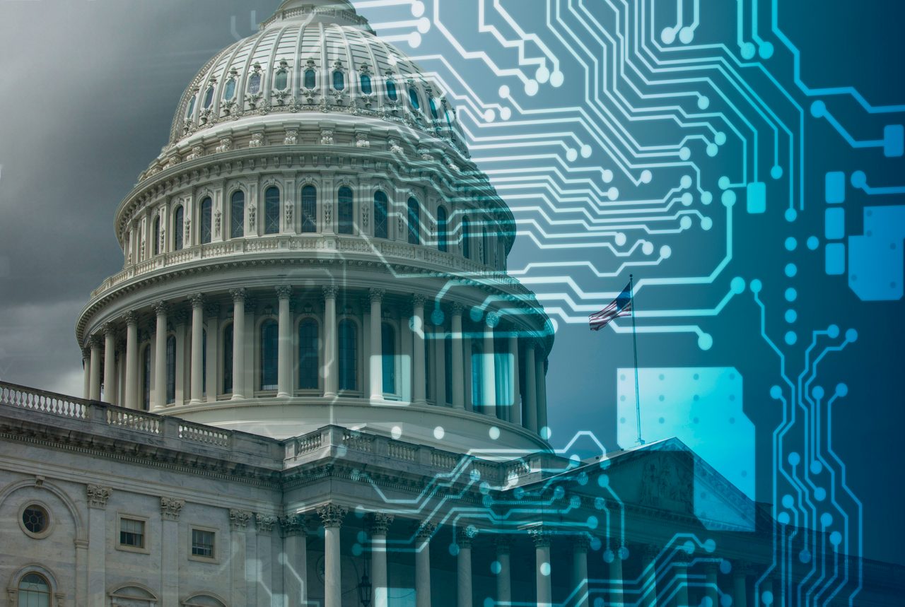 Photo of the United States Capitol with overlayed computer circuitry.  The Intersection of freedom and artificial intelligence