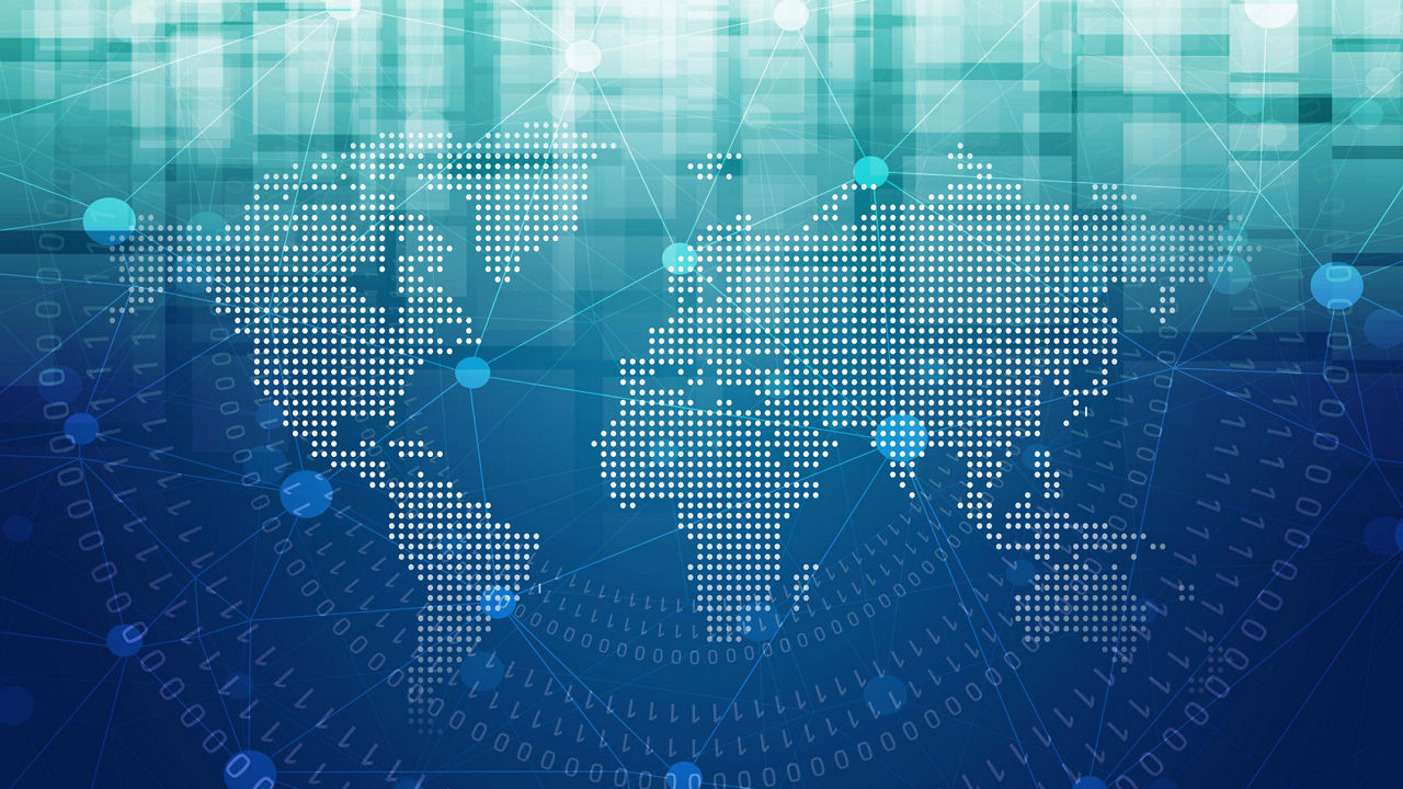 A blue background with a world map on it.