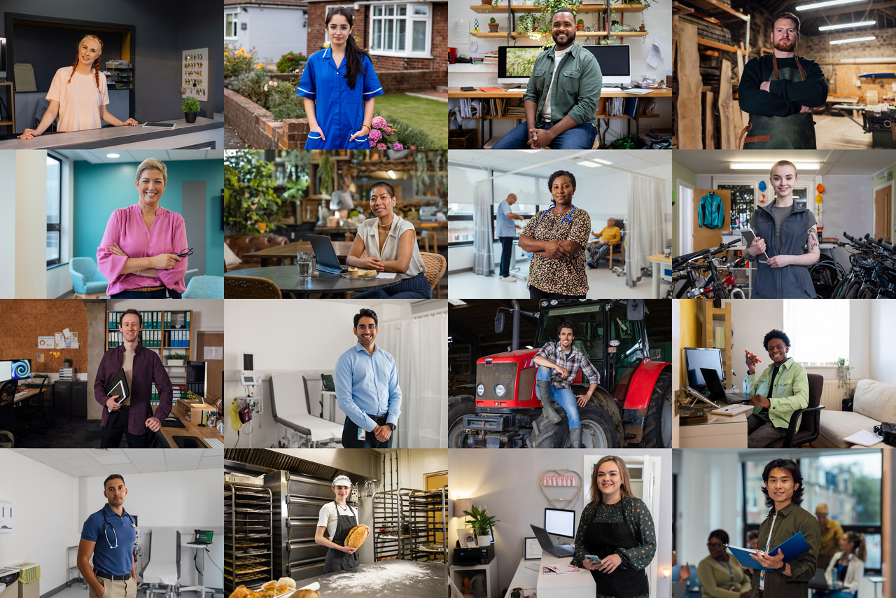 An image montage of waist up portraits of different individuals wearing uniform, in their various workplaces. They are looking at the camera and smiling.