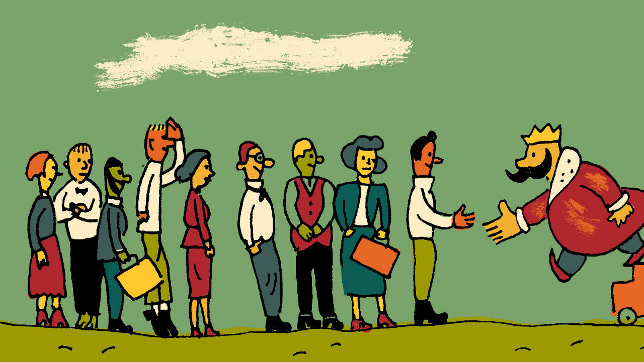 A cartoon illustration of a man standing on a throne.