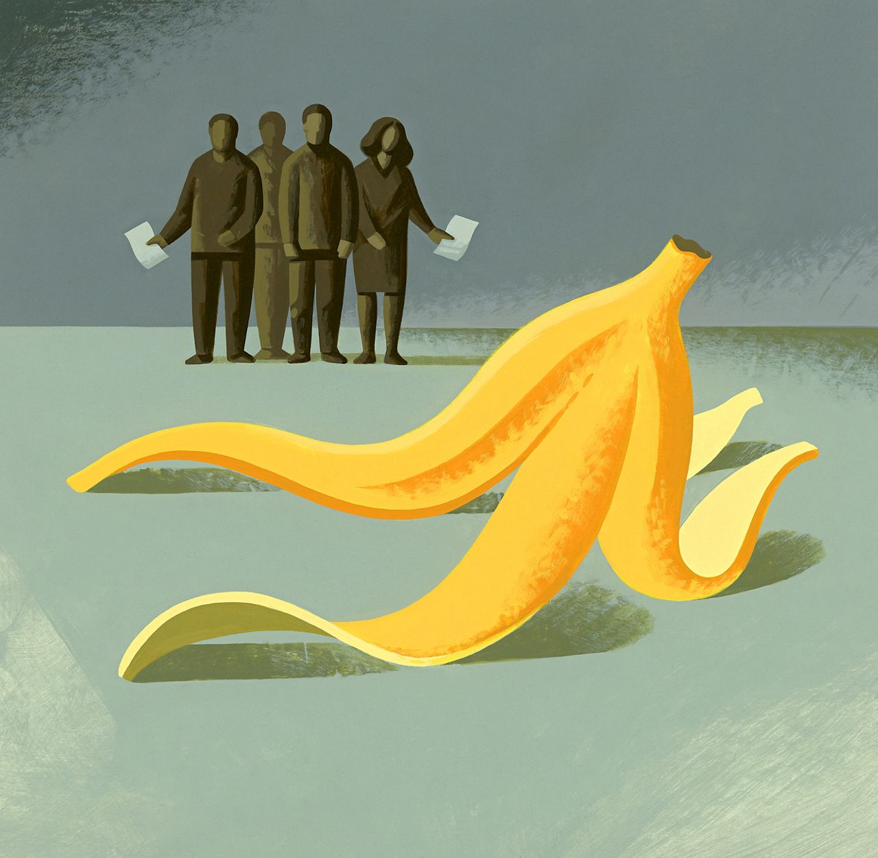 A banana peel in the foreground with a group of professionals in the background.