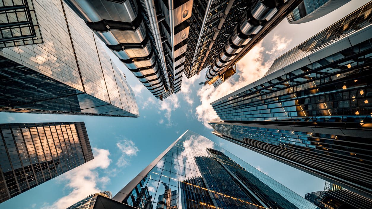 Looking up at skyscrapers in london.