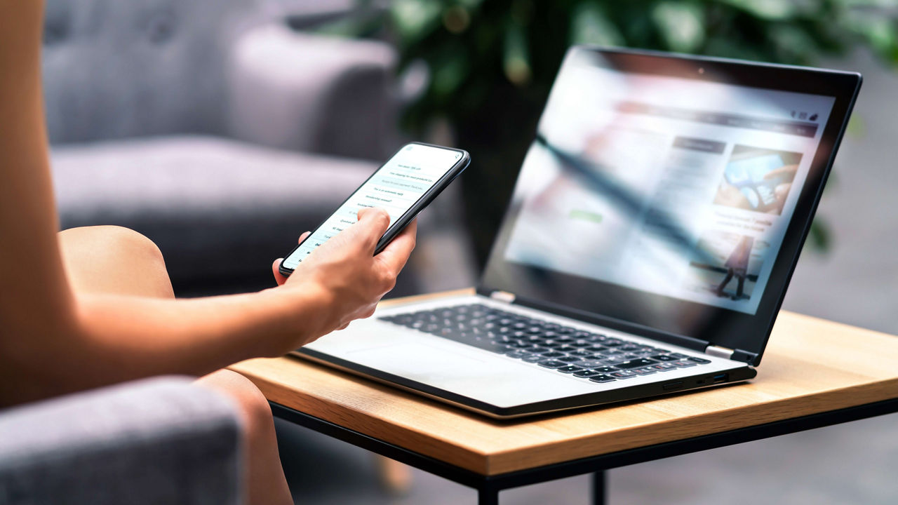 A woman is using a laptop and a cell phone.