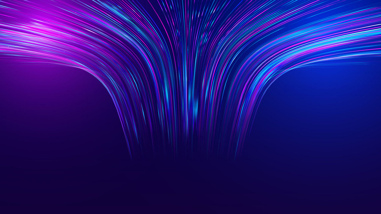 A purple and blue abstract background with light streaks.