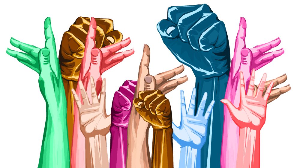 A group of colorful hands raising their fists.