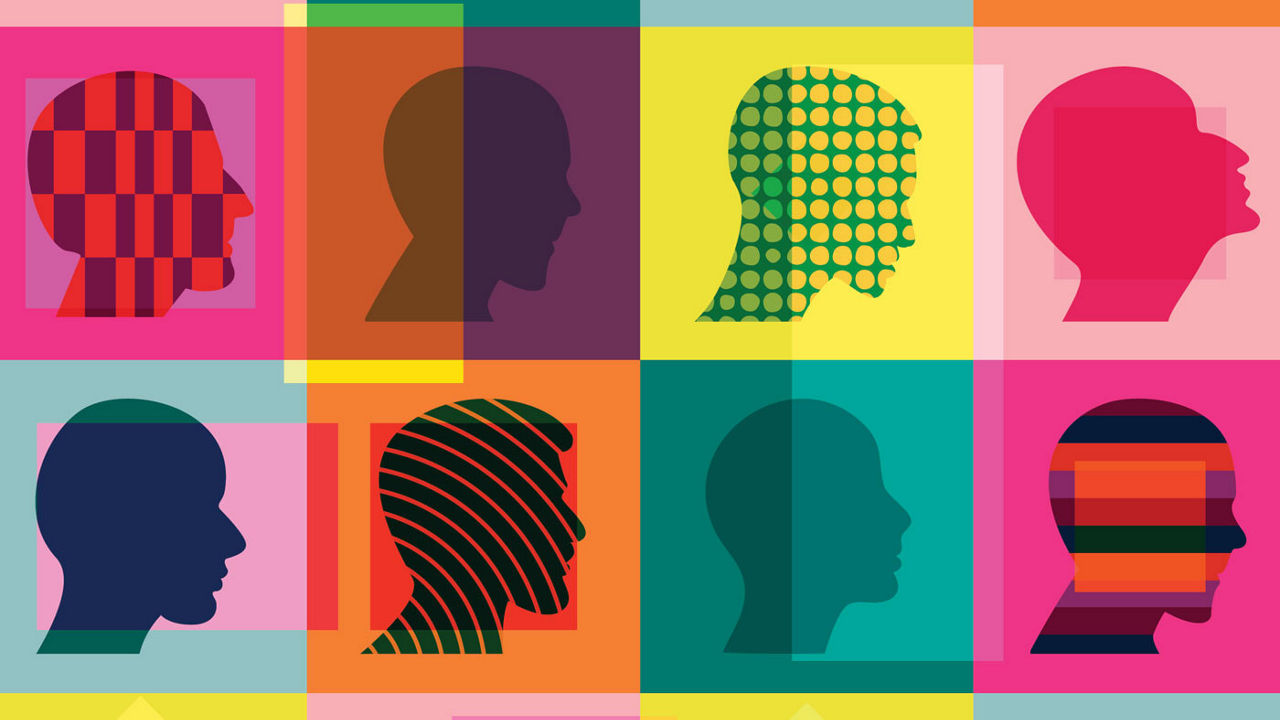 Silhouettes of people in different colors on a colorful background.