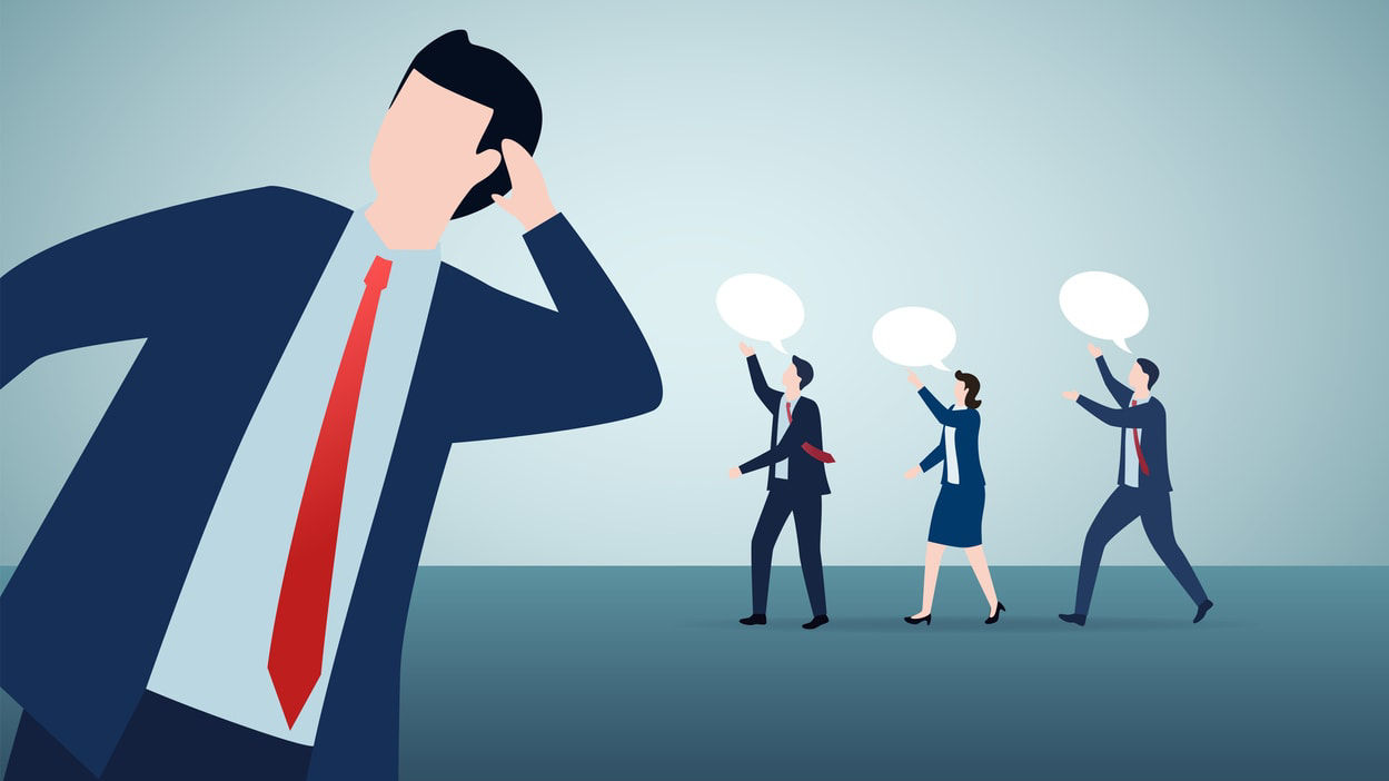 A group of business people with speech bubbles on their heads.