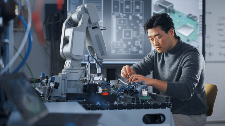 A man working with a robot in a factory.