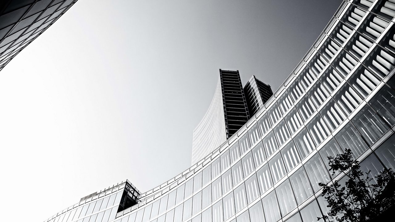 A black and white photo of an office building.