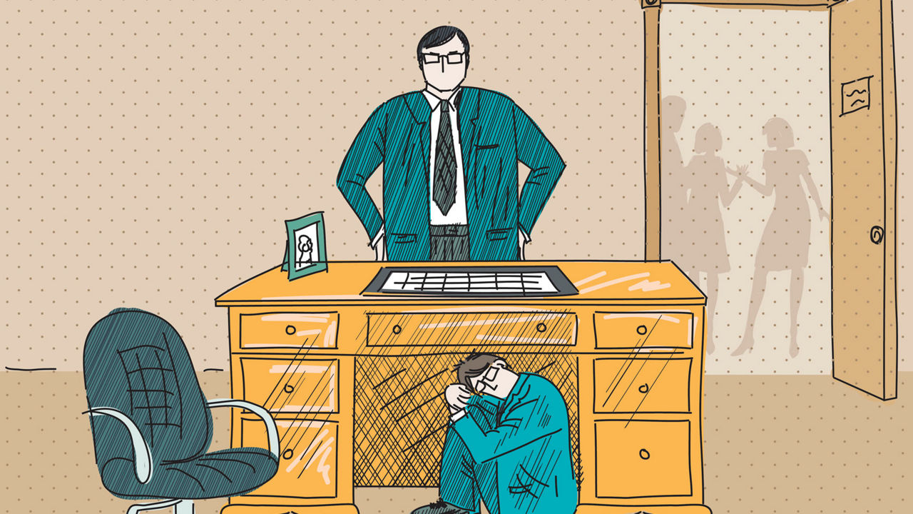 A cartoon illustration of a man hiding under a desk.