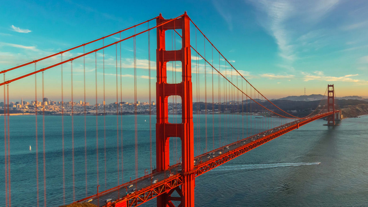 The golden gate bridge in san francisco at sunset.