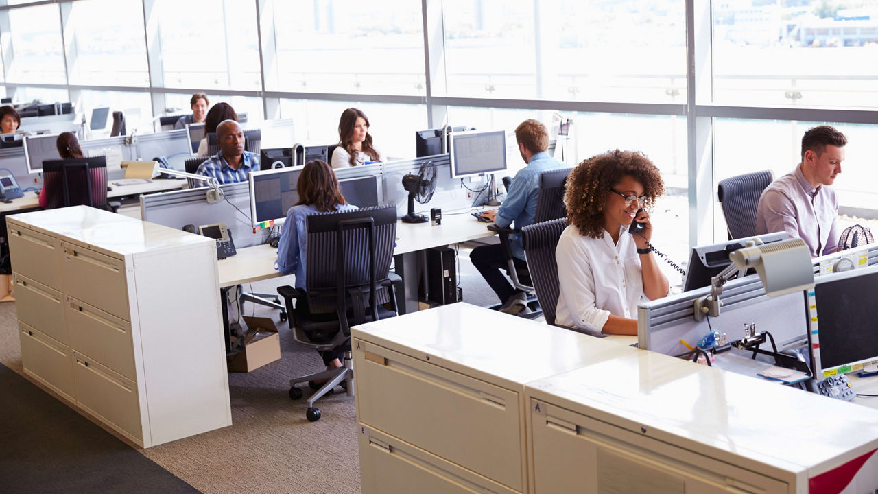 A group of people working at desks in an office.