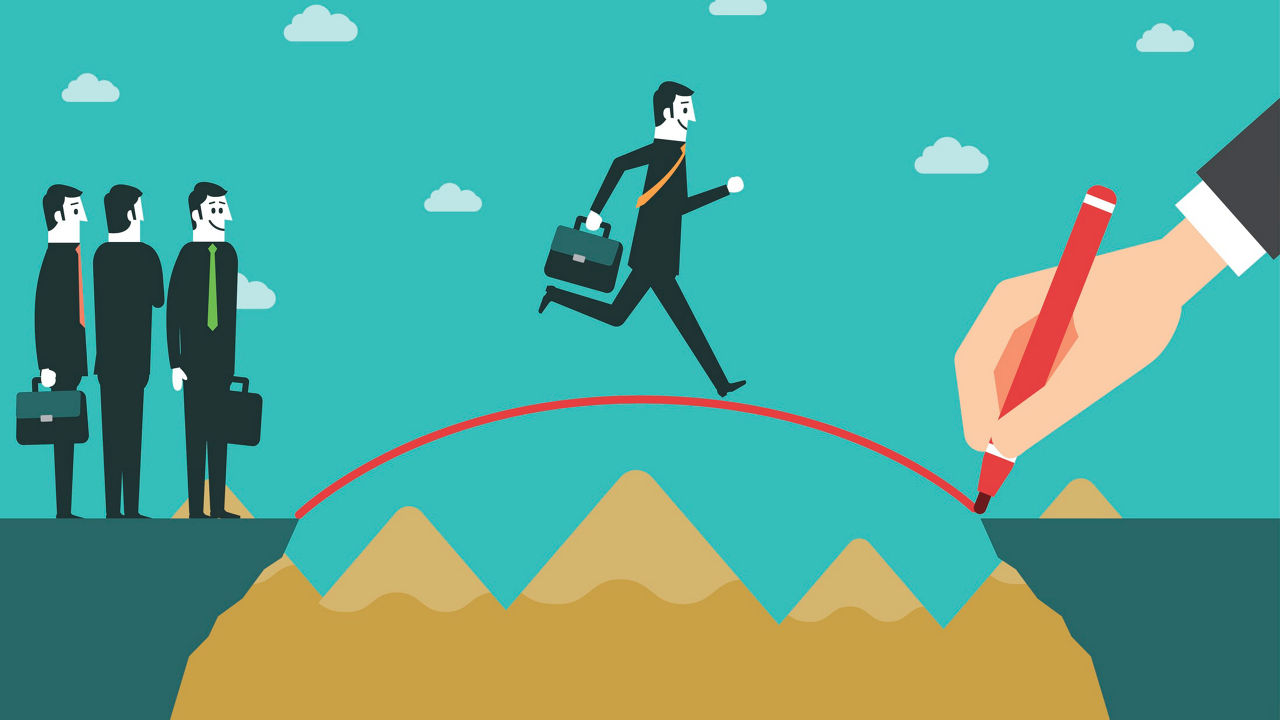 A businessman is running across a cliff with a pencil.