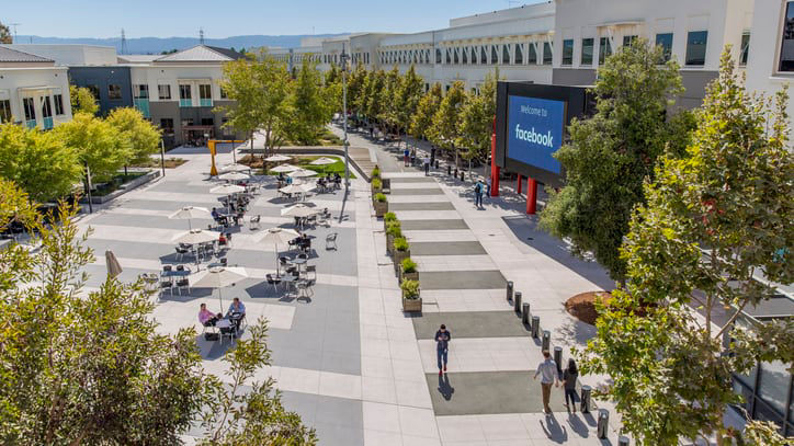 An aerial view of a campus with trees and people.