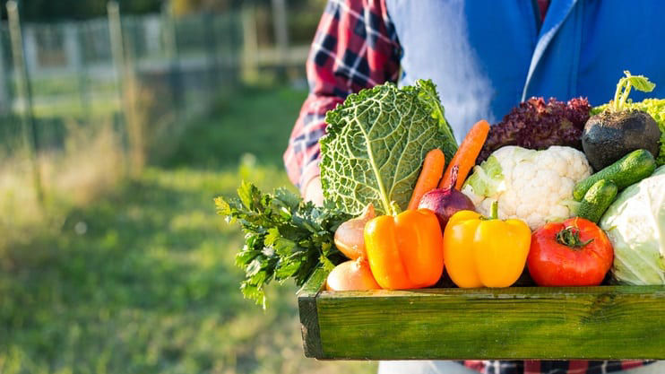 A man holding a wooden tray full of vegetables.