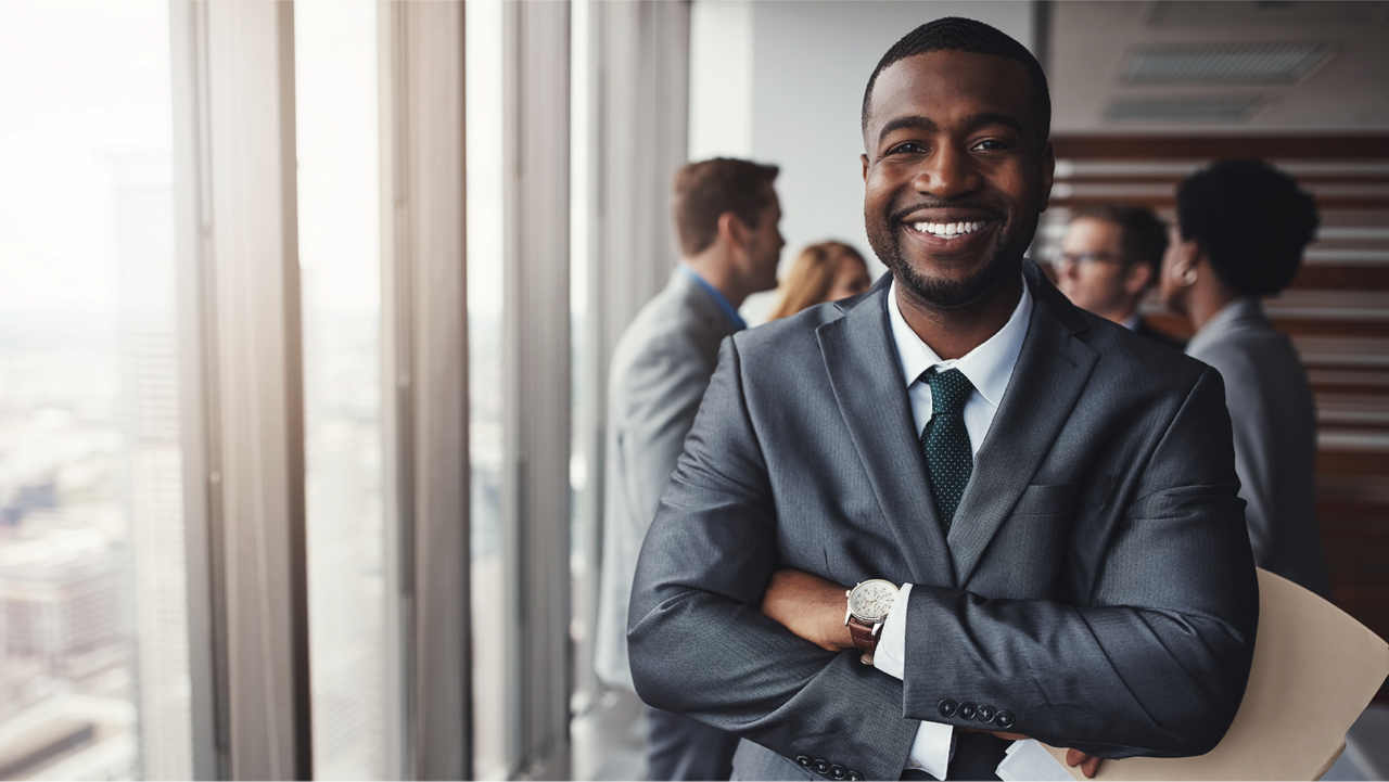 Proud employee smiles into the camera.