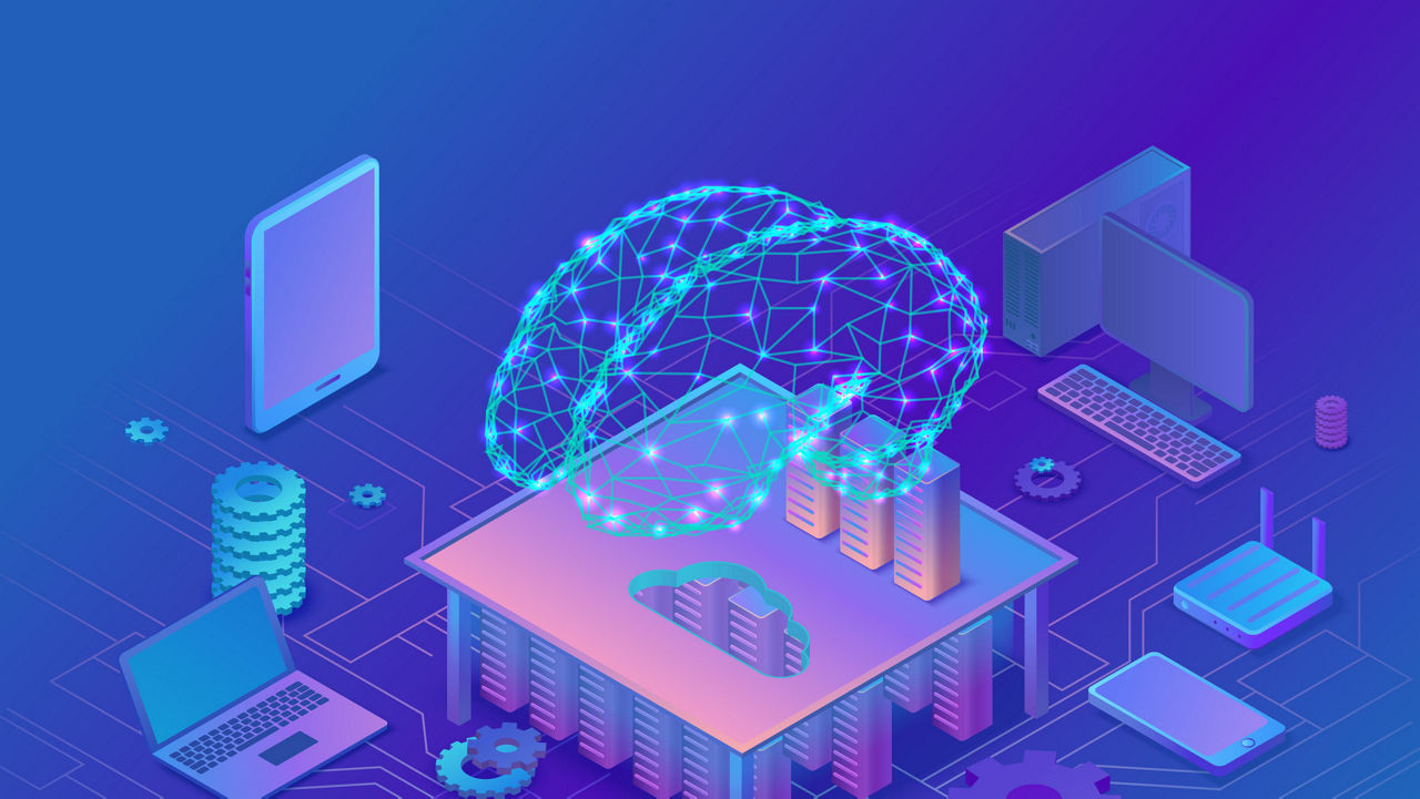 An isometric image of a computer and a brain.