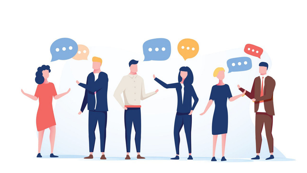 A group of people talking with speech bubbles.
