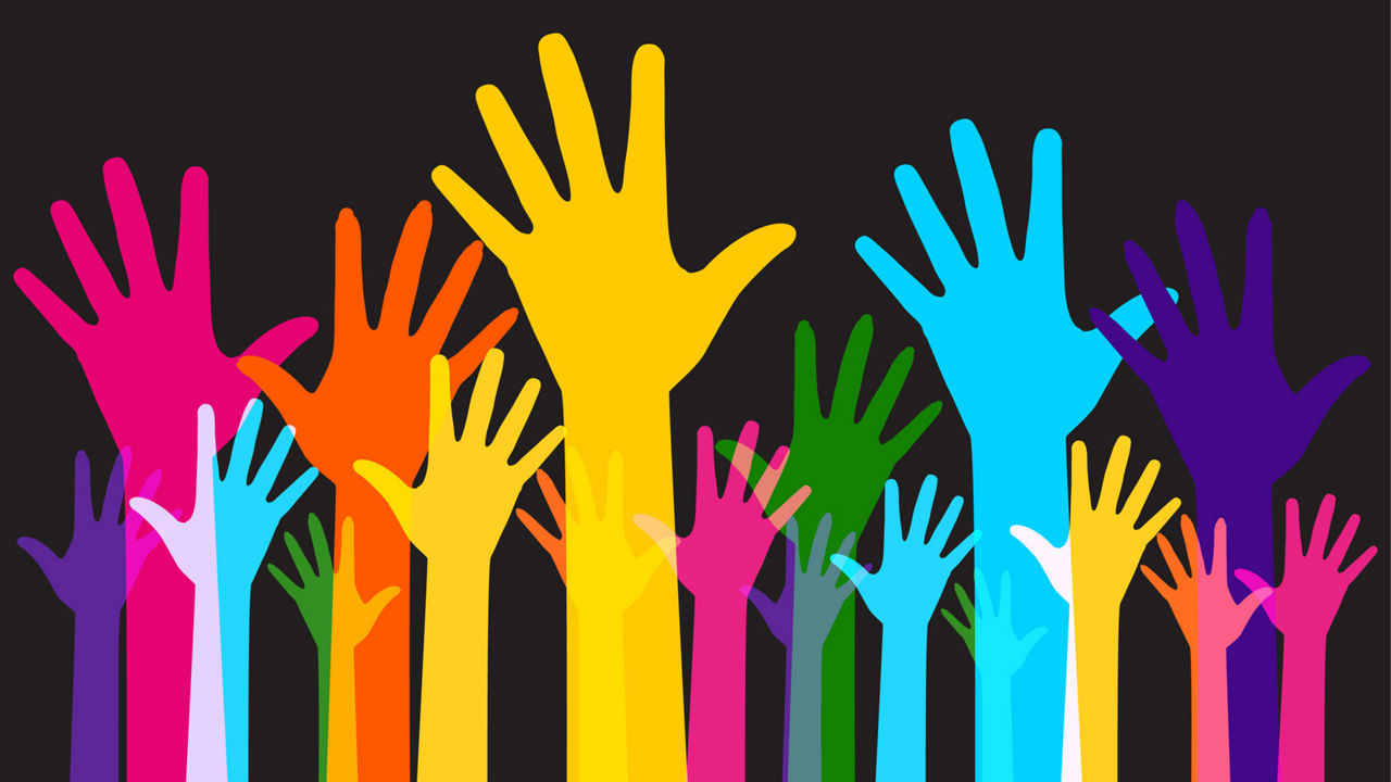 Illustration of colorful hands in the air