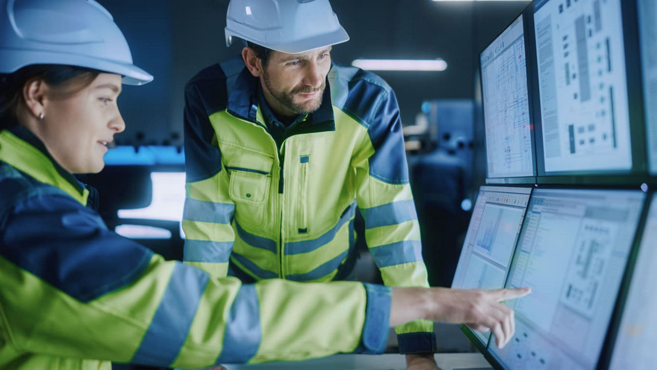 Two construction workers looking at a computer screen.