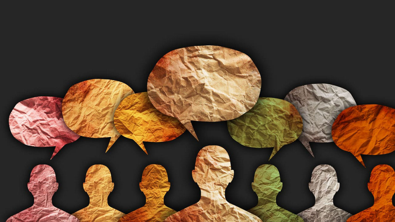 A group of people with speech bubbles on a black background.