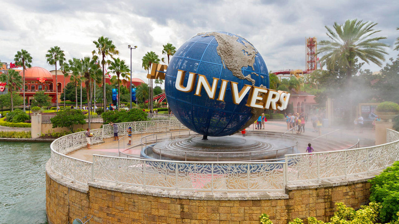 The world of orlando is surrounded by palm trees and a fountain.