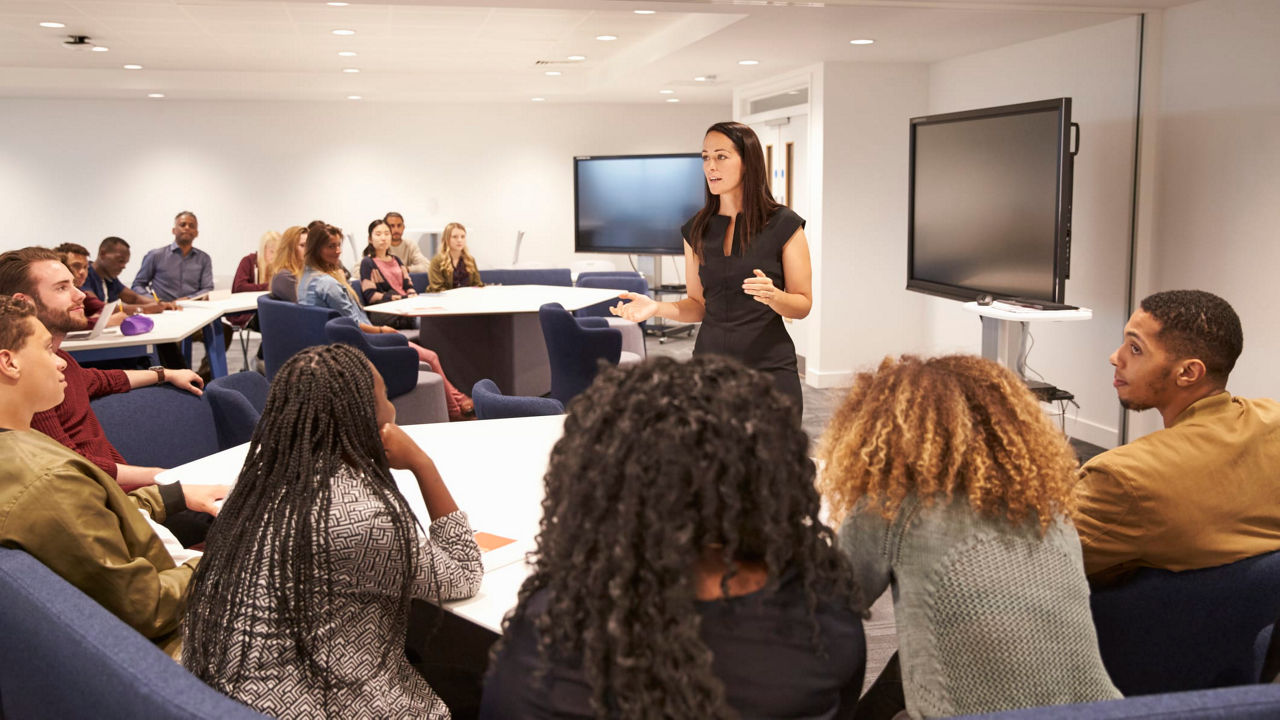 A woman giving a presentation to a group of people in a conference room.