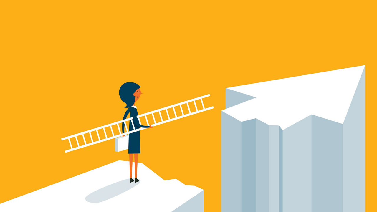 A businesswoman is climbing a ladder to reach the top of a cliff.