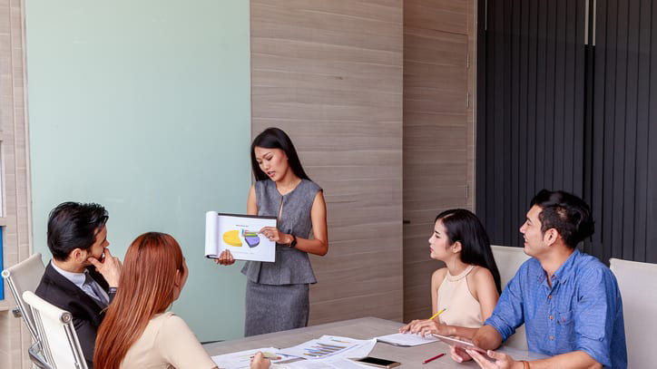 A group of people sitting around a table in a meeting room.