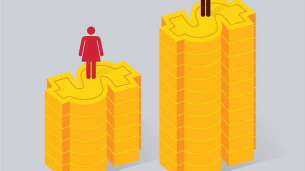 A man is standing on top of a stack of gold coins.