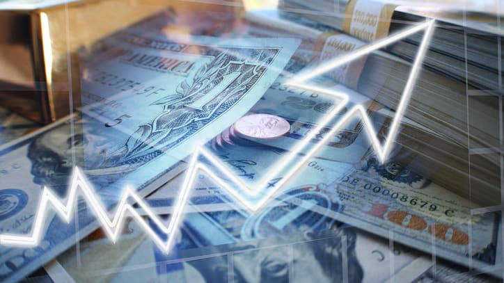 A stack of money with an arrow pointing upward.