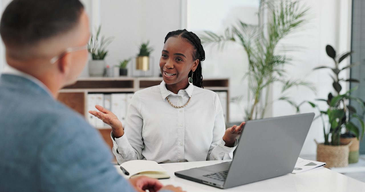 Meeting, discussion between black woman human resources and workers for collaboration, teamwork