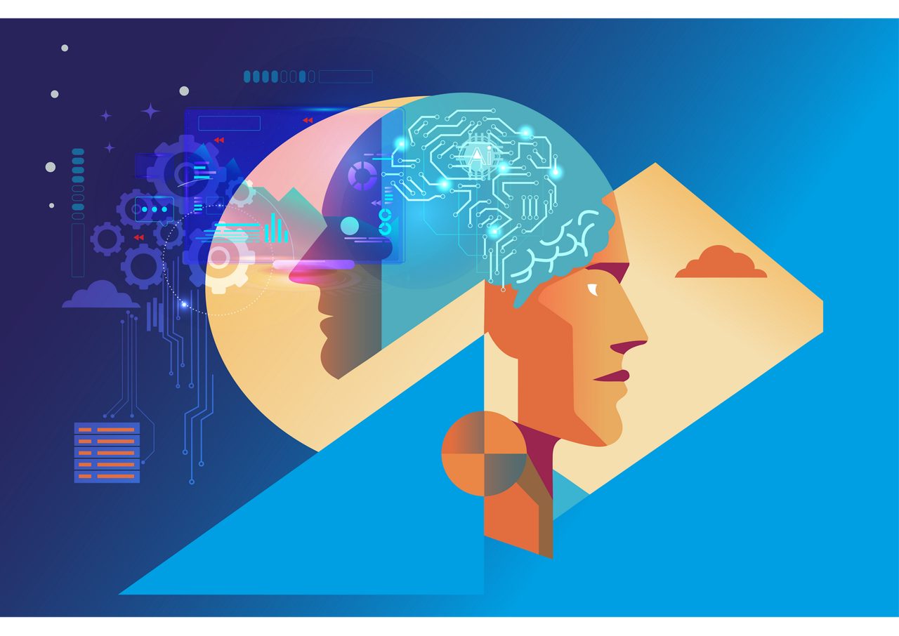 drawing of human face and an AI brain back to back on gradient blue background with computer graphics 