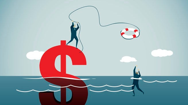 Two people are trying to catch a dollar sign in the water.