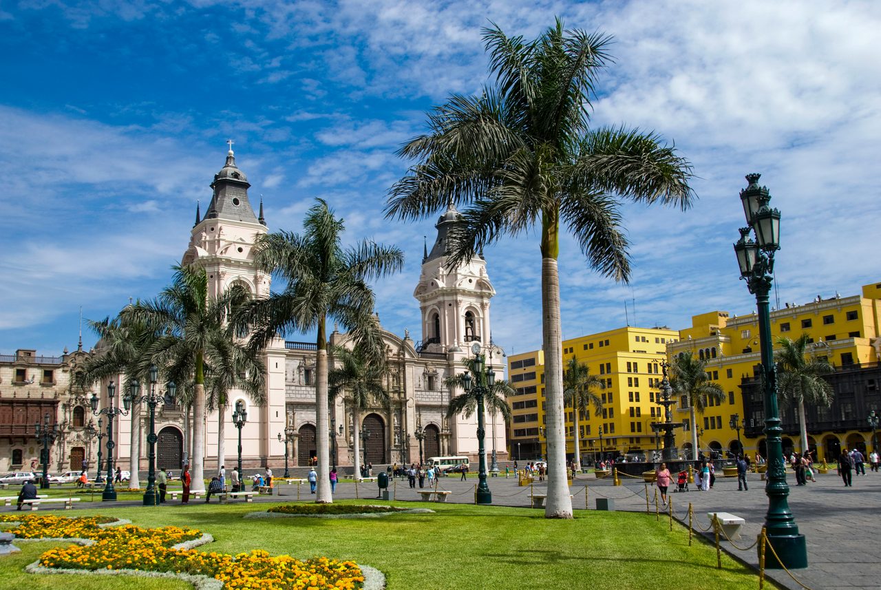 View over a historic plaza in the city center of Lima, Peru.