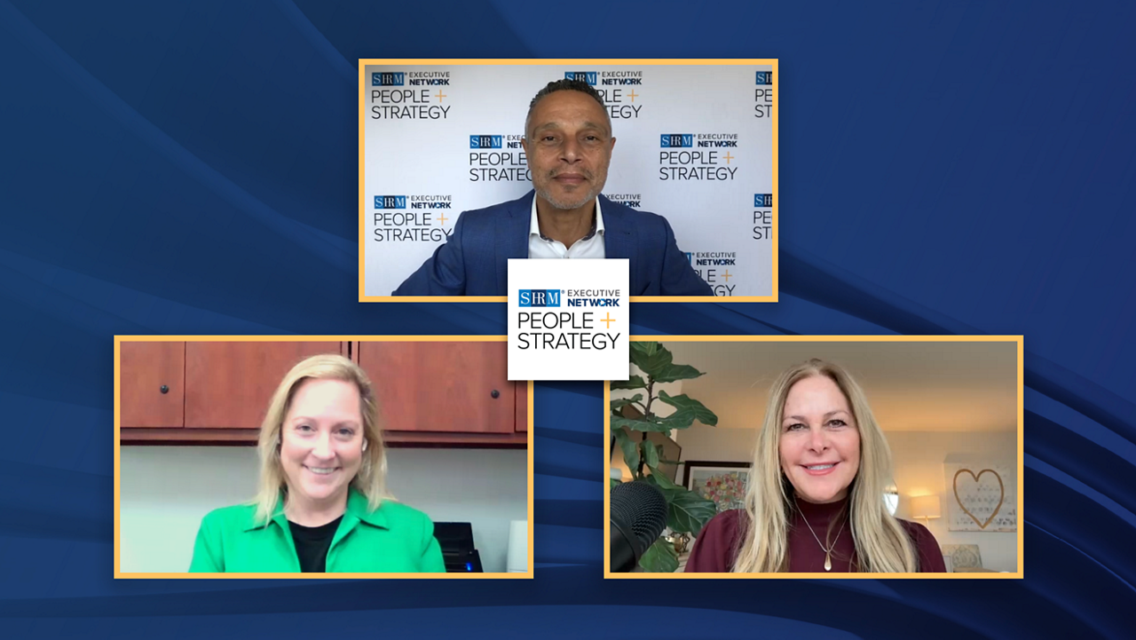 Photo of Liz Cotner, Marjorie Morrison, and Mo Fathelbab during People + Strategy podcast recording.