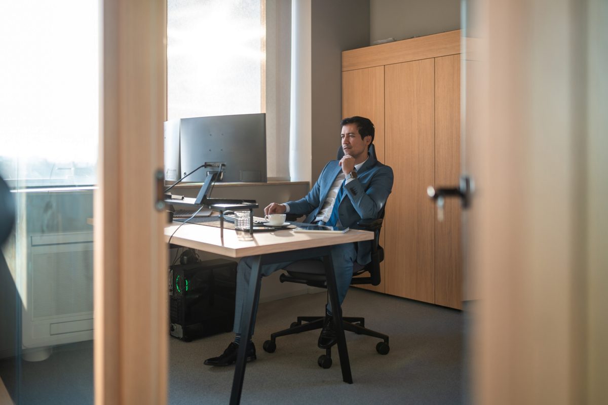 man alone in office