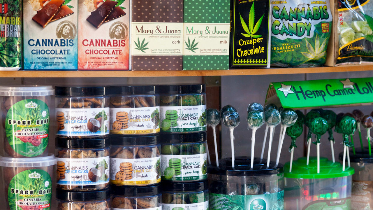 A display of cannabis products in a store.
