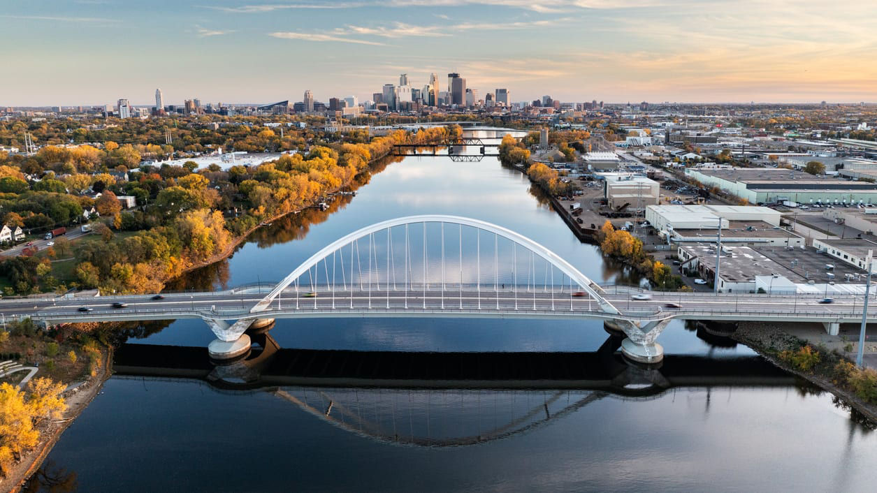 Aerial view of a bridge over a river in minneapolis, minnesota.