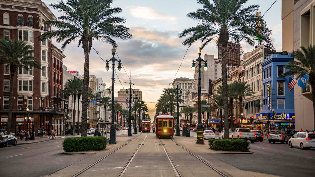 The city of new orleans at sunset.