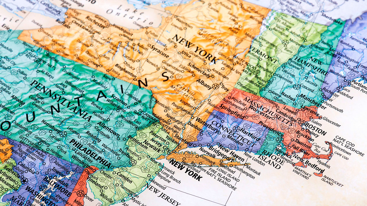 A close up of a map of new england.