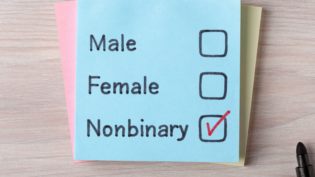 A notepad with the words male, female, and non-nominative on it.