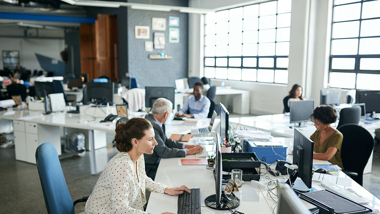 A group of people working at desks in an office.