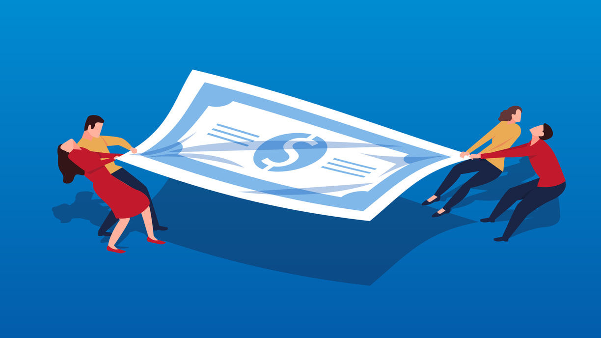 A group of people pulling a dollar bill on a blue background.