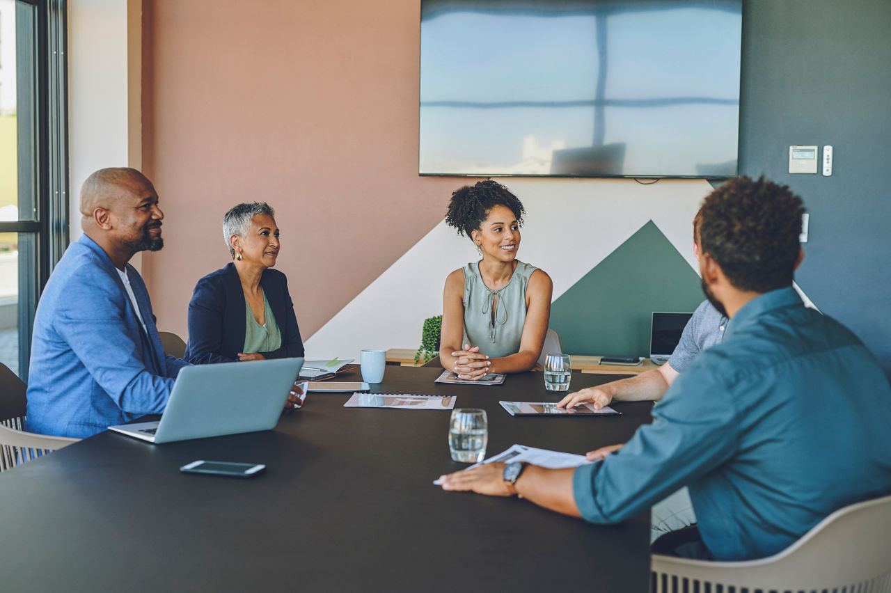 Conference, planning and business meeting with employees in collaboration, networking and contract deal. Project management, innovation and team with business people in board room office building