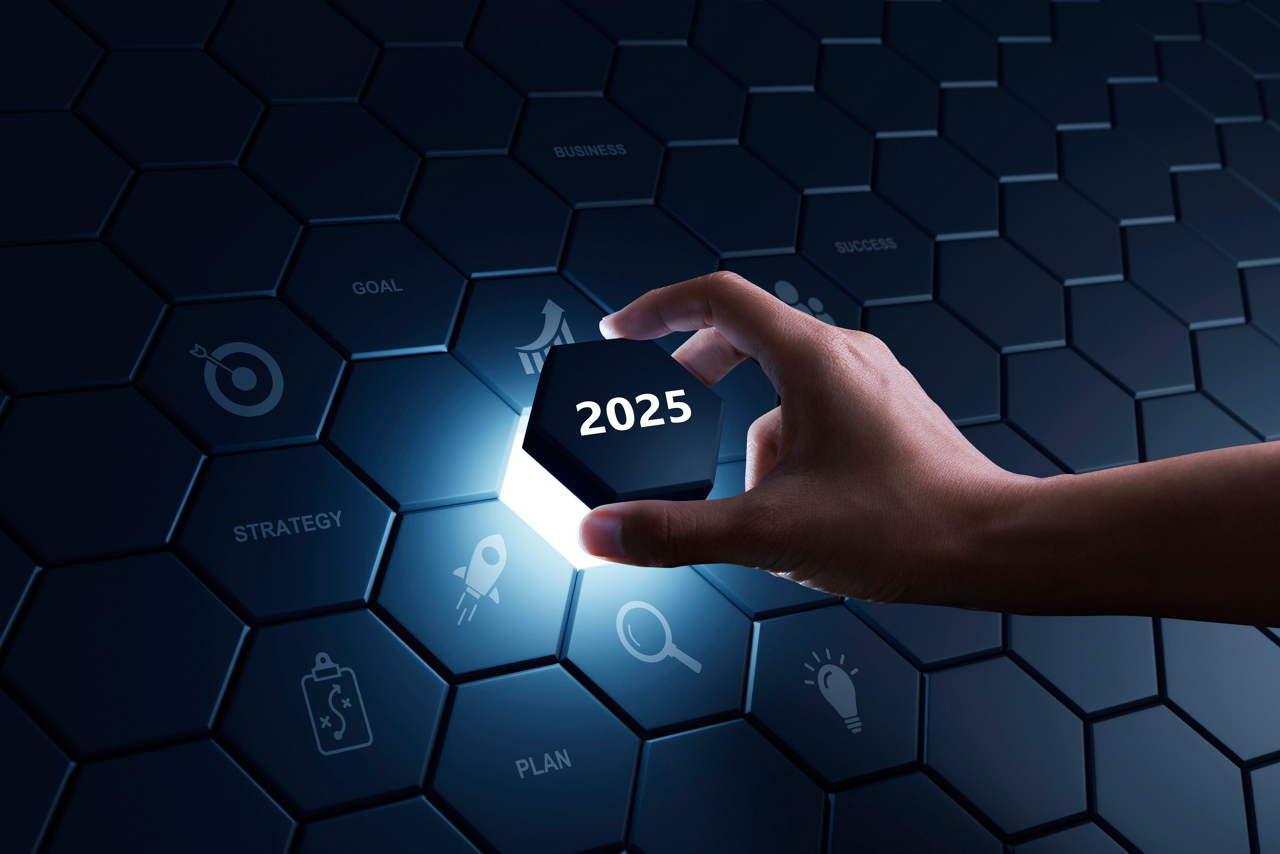 New Year 2025, Hand of human putting hexagon piece to full fill the part of 2025, New Start motivation, Goal achievement and success concept.