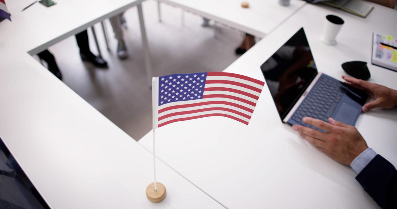 an American flag at an office meeting