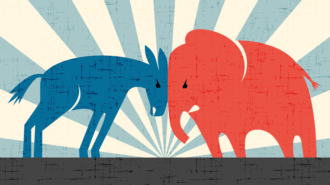 An illustration of a donkey and a donkey facing each other.
